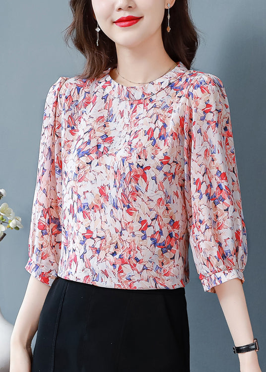 Classy Red O-neck Print Chiffon Shirt Tops Half Sleeve