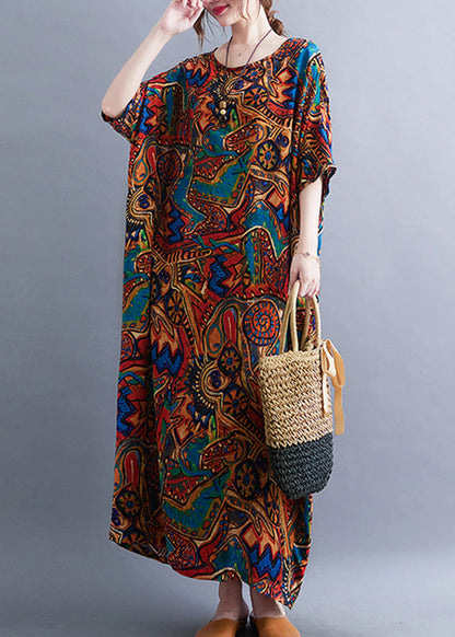 Classy Red O-neck Print Cozy Long Dresses Summer
