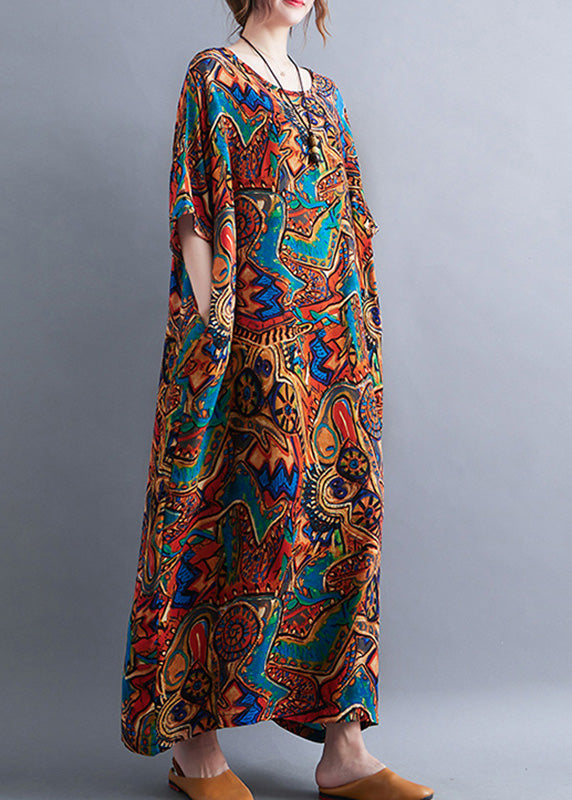 Classy Red O-neck Print Cozy Long Dresses Summer