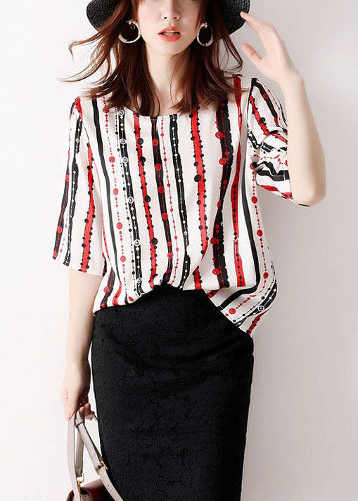 Classy Red O-neck Striped Chiffon Shirt Tops Half Sleeve