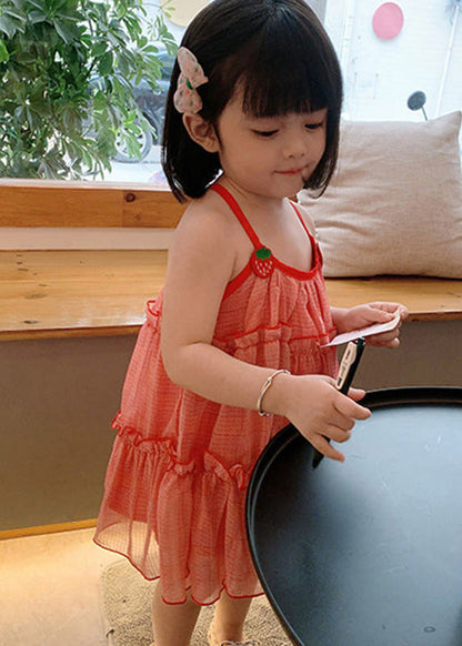 Classy Red Plaid Ruffled Patchwork Kids Chiffon Slip Mid Dress Sleeveless