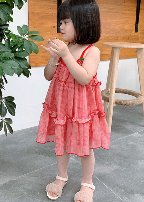 Classy Red Plaid Ruffled Patchwork Kids Chiffon Slip Mid Dress Sleeveless