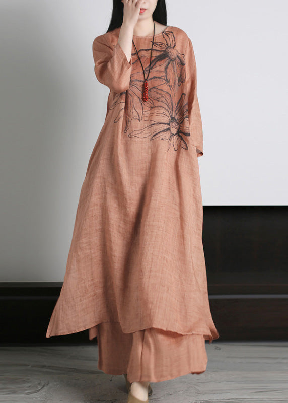Classy Red Print Ramie Long Dress and Wide Leg Pants Two Pieces Set Long Sleeve
