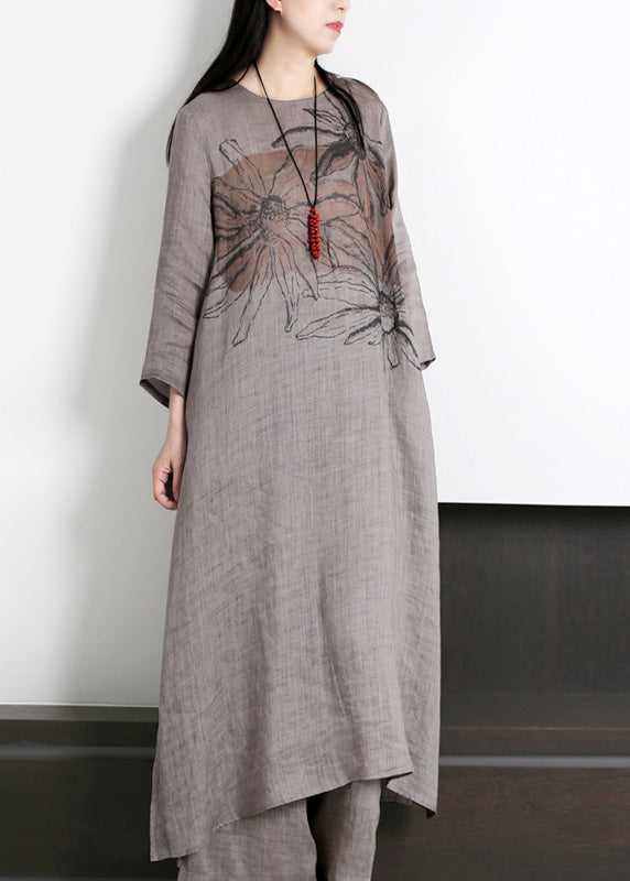 Classy Red Print Ramie Long Dress and Wide Leg Pants Two Pieces Set Long Sleeve