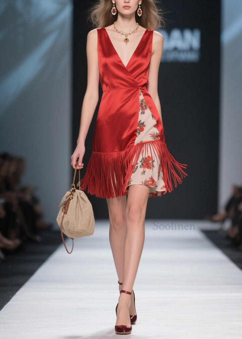 Classy Red V Neck Tassel Patchwork Silk Mid Dress Summer