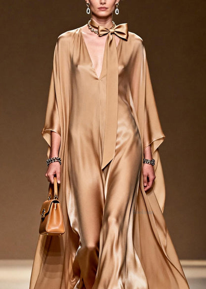 Classy Simple V Neck Silk Long Dress Spring