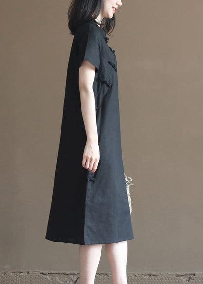 Classy Black Stand Collar Oriental Button Cotton Linen Cheongsam Dresses Short Sleeve