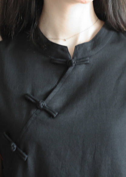 Classy Black Stand Collar Oriental Button Cotton Linen Cheongsam Dresses Short Sleeve