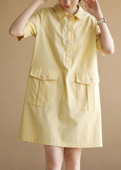 Classy Yellow Peter Pan Collar Pockets Button Cotton Maxi Dress Short Sleeve