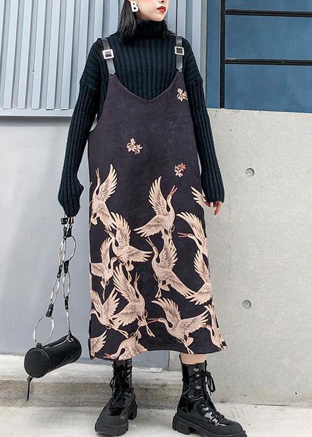 Classy Spaghetti Strap Cotton Clothes Design Black Print Maxi Dress