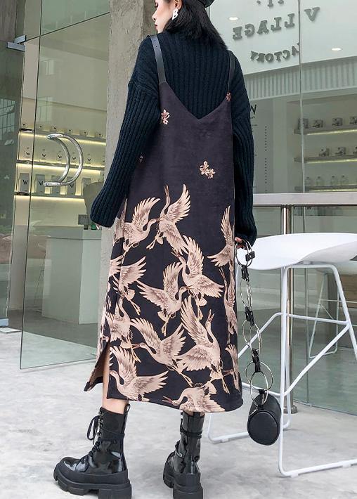 Classy Spaghetti Strap Cotton Clothes Design Black Print Maxi Dress