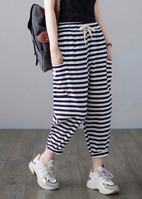 Classy Striped Embroideried Drawstring Elastic Waist Draping Crop Pants Summer
