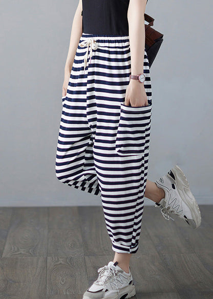 Classy Striped Embroideried Drawstring Elastic Waist Draping Crop Pants Summer