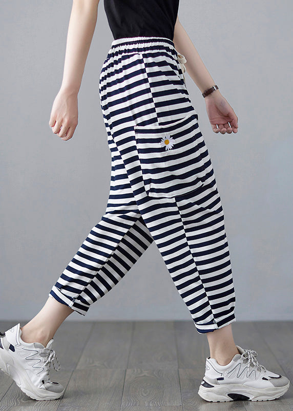 Classy Striped Embroideried Drawstring Elastic Waist Draping Crop Pants Summer