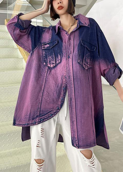 Classy Tie Dye Purple Asymmetrical Design Cotton Long Sleeve Spring Shirt
