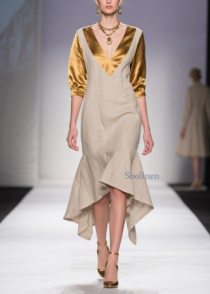 Classy V Neck Asymmetrical Patchwork Linen Silk Dress Summer