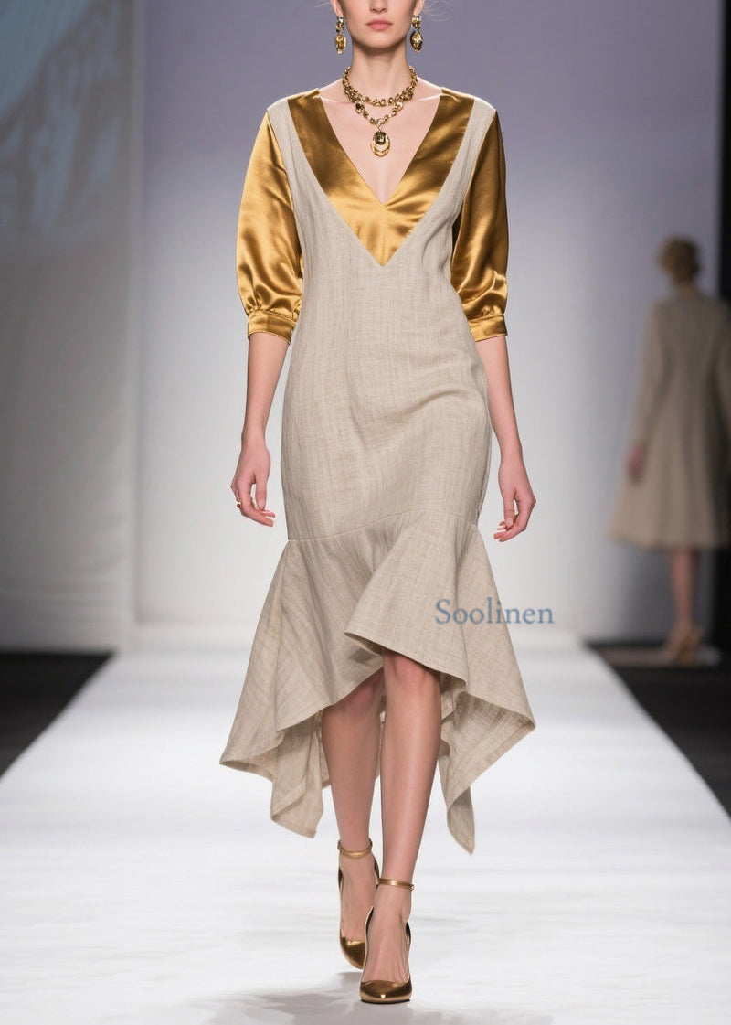 Classy V Neck Asymmetrical Patchwork Linen Silk Dress Summer