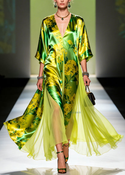 Classy V Neck Print Patchwork Silk Maxi Dresses Summer