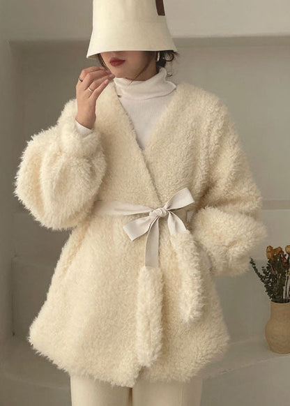Classy White Cinched Thick Faux Fur Winter Coat