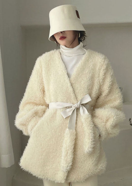 Classy White Cinched Thick Faux Fur Winter Coat