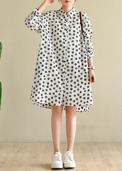 Classy White Dot Cotton Dress Button Spring Dresses