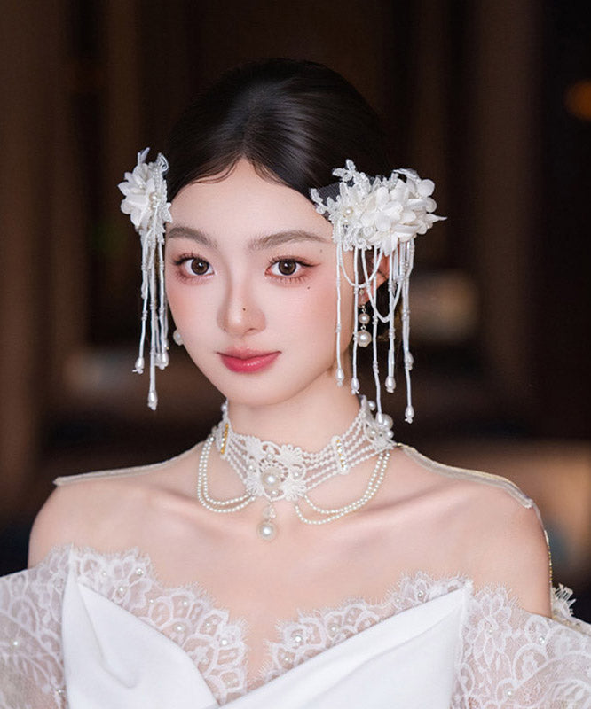 Classy White Lace Lily of the Valley Pearl Tassel a Pair Hairpin