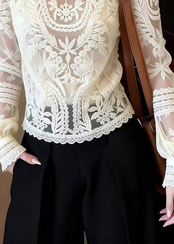 Classy White O-Neck Hollow Out Lace Shirt Spring