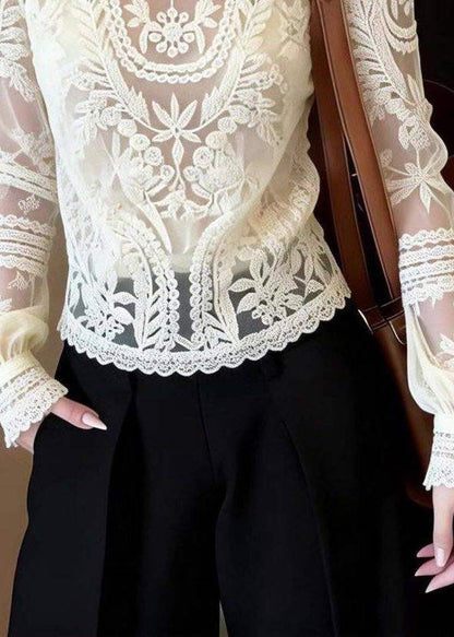 Classy White O-Neck Hollow Out Lace Shirt Spring
