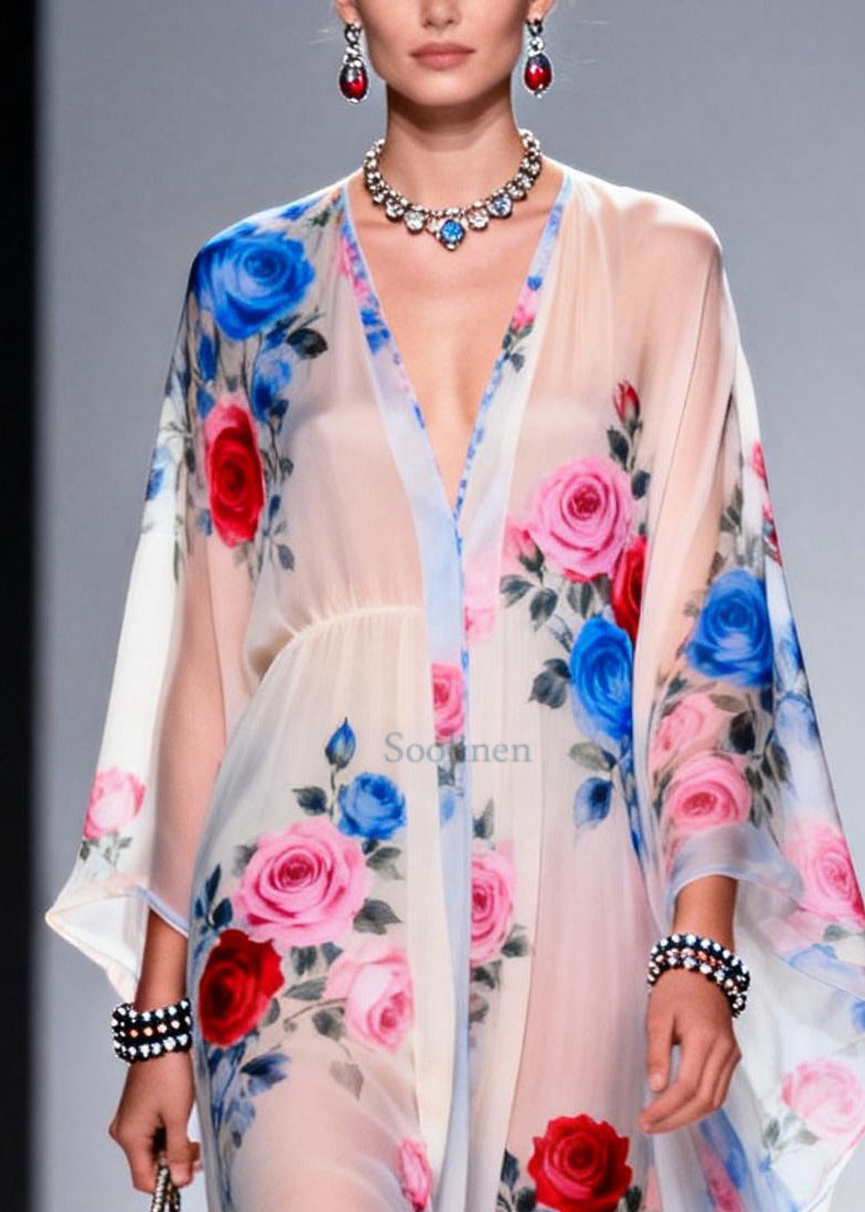 Classy White Oversized Print Chiffon Sheer Dresses Summer