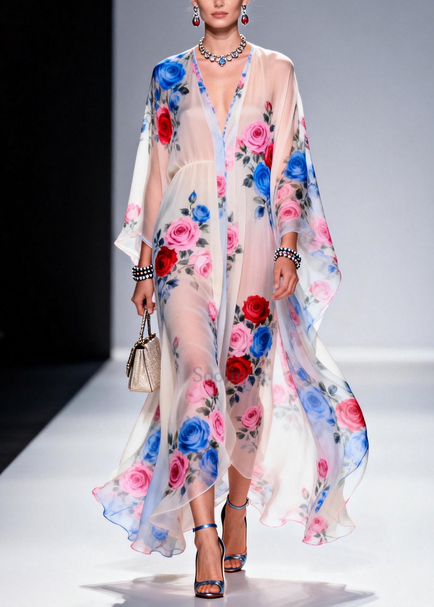 Classy White Oversized Print Chiffon Sheer Dresses Summer
