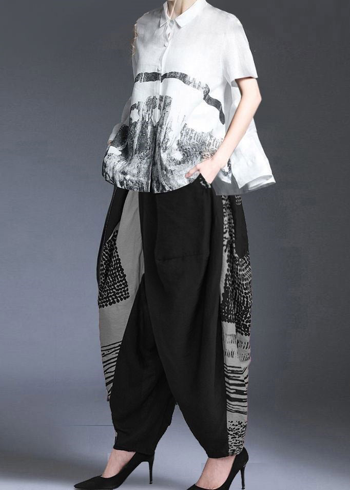 Classy White Peter Pan Collar Print Buttoncotton Blend Top and Harem Pants Two Pieces Set Summer