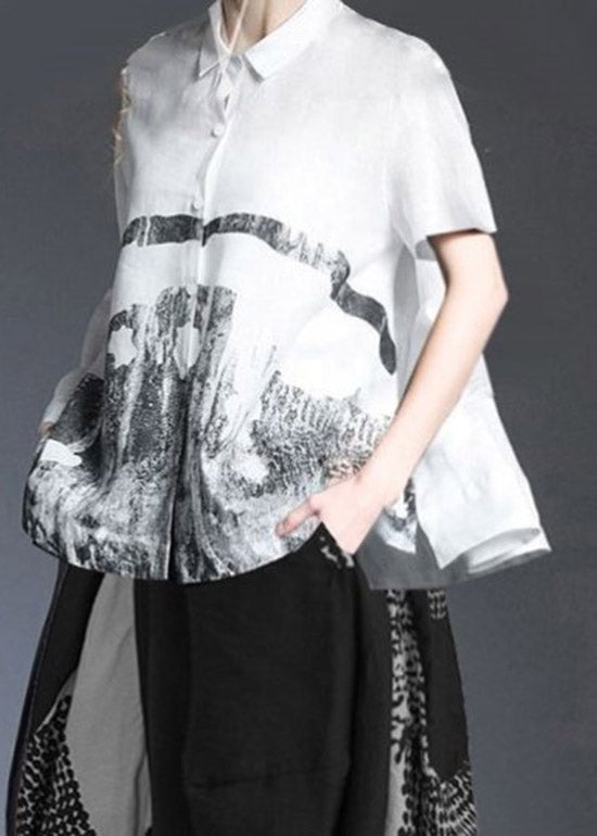 Classy White Peter Pan Collar Print Buttoncotton Blend Top and Harem Pants Two Pieces Set Summer