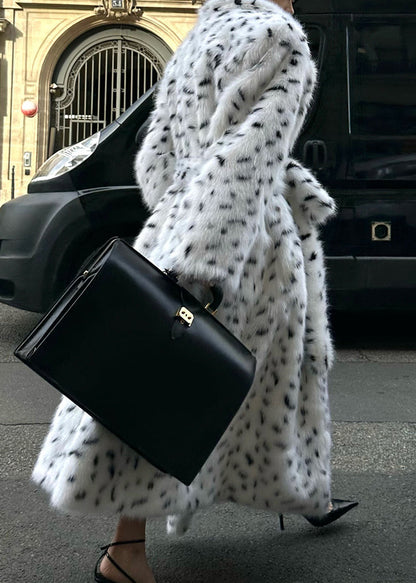 Classy White Peter Pan Collar Print Tie Waist Leather and Fur Long Coats Winter