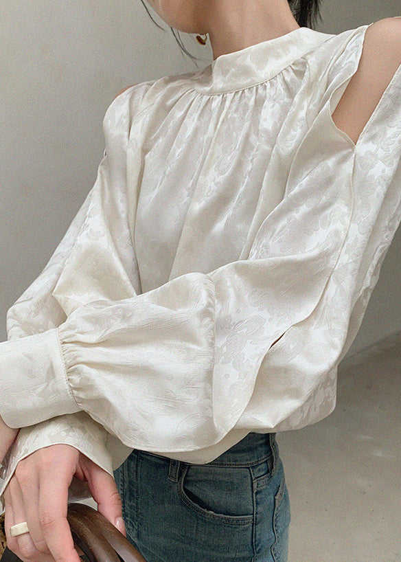 Classy White Print Asymmetrical Hollow Out Shirt Spring
