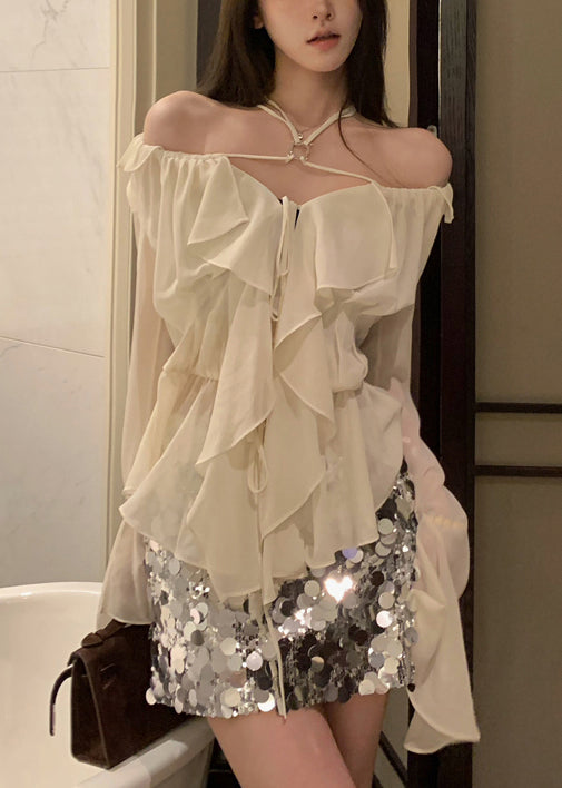Classy White Ruffled Lace Up Chiffon Shirt Long Sleeve