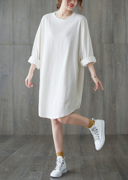 Classy White O-neck Loose a Line Dress Long Sleeve