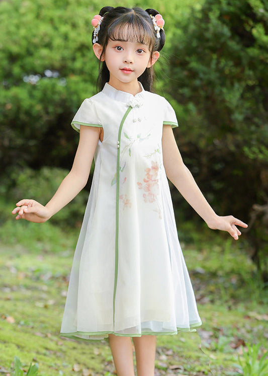 Classy White Stand Collar Print Tulle Maxi Dresses Summer
