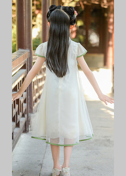Classy White Stand Collar Print Tulle Maxi Dresses Summer