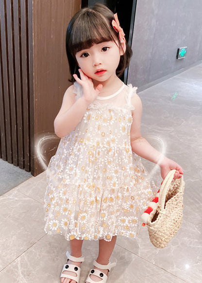 Classy White Sunflower Lace Patchwork Tulle Mid Dress Summer