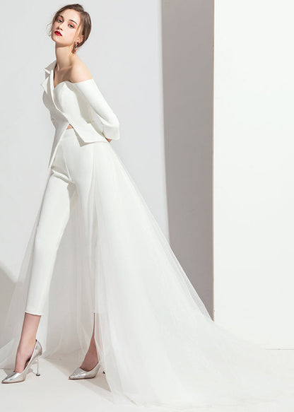 Classy White Tulle Patchwork Tops and Crop Pants Three Pieces Set Bracelet Sleeve
