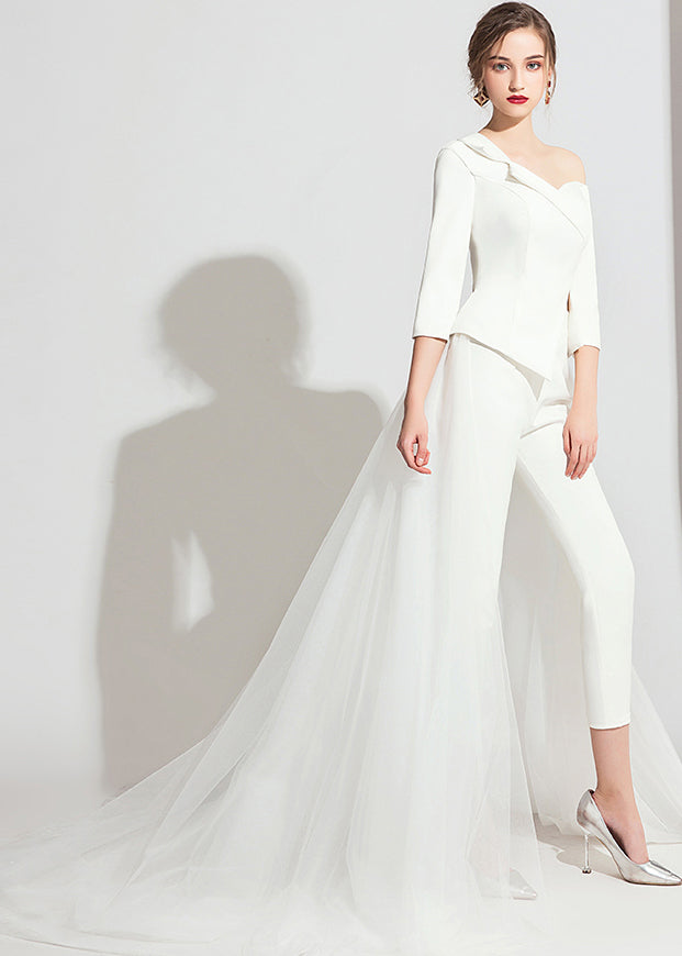 Classy White Tulle Patchwork Tops and Crop Pants Three Pieces Set Bracelet Sleeve