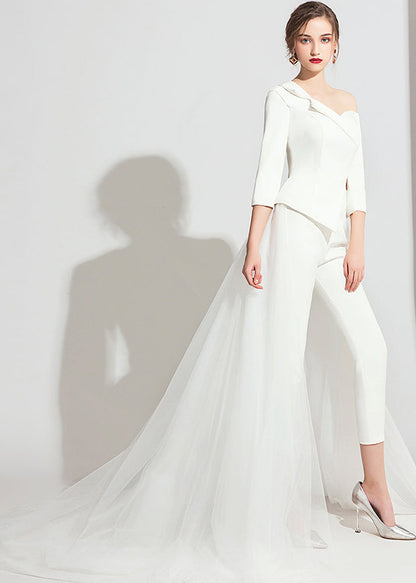 Classy White Tulle Patchwork Tops and Crop Pants Three Pieces Set Bracelet Sleeve