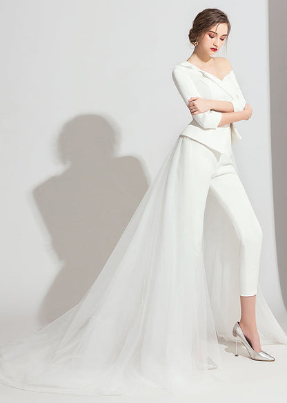 Classy White Tulle Patchwork Tops and Crop Pants Three Pieces Set Bracelet Sleeve