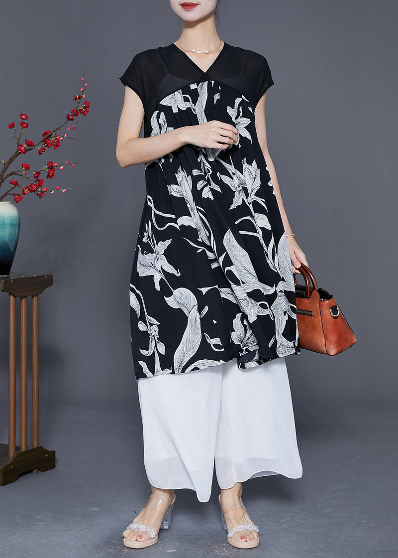 Classy White V Neck Print Chiffon a Line Dress Summer