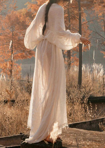 Classy White V Neck Tie Waist Cotton Dresses Long Sleeve