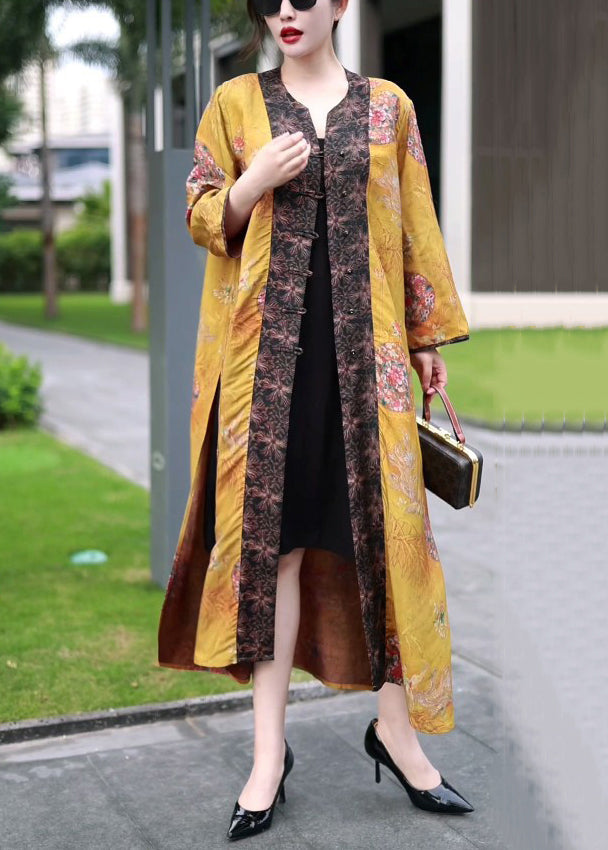 Classy Yellow Chinese Button Print Patchwork Silk Long Coat Spring