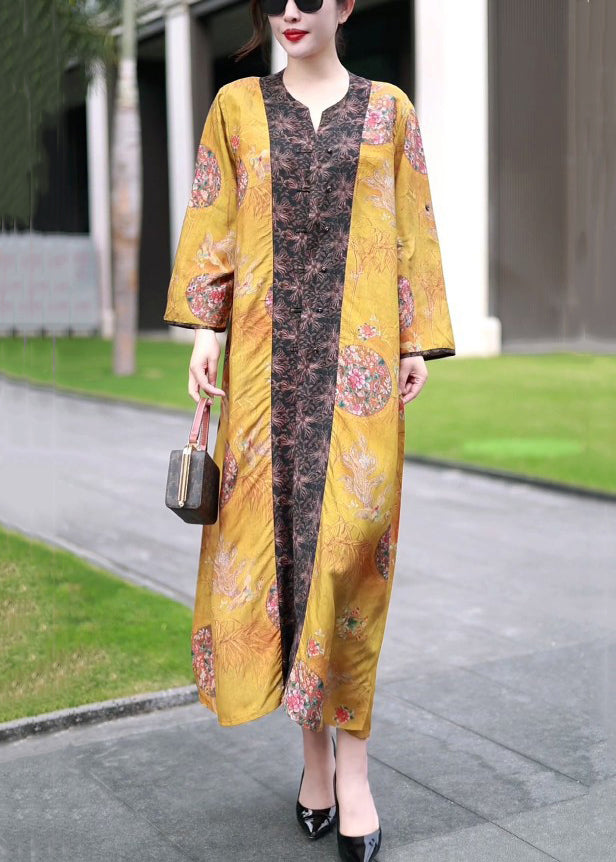 Classy Yellow Chinese Button Print Patchwork Silk Long Coat Spring