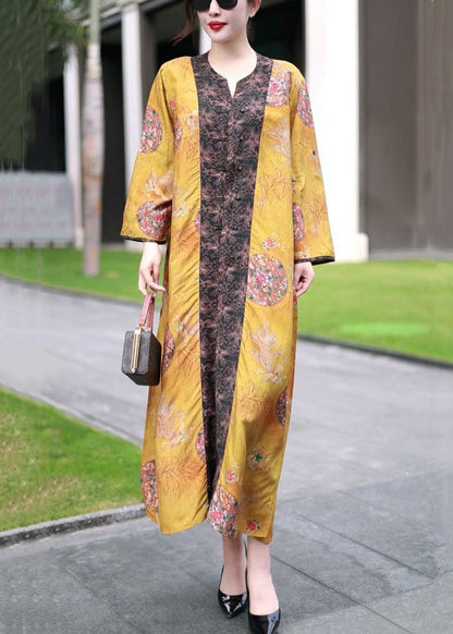 Classy Yellow Chinese Button Print Patchwork Silk Long Coat Spring