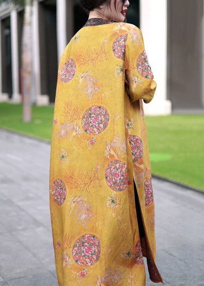 Classy Yellow Chinese Button Print Patchwork Silk Long Coat Spring
