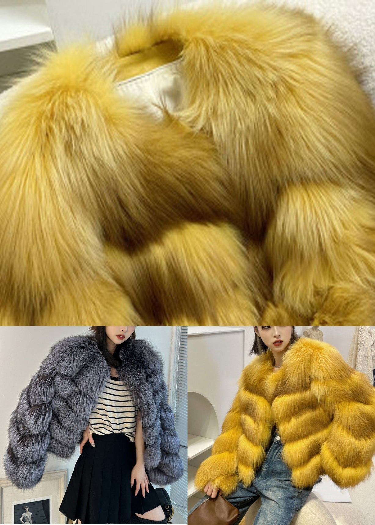 Classy Yellow Fox Collar Leather and Fur Coats Spring